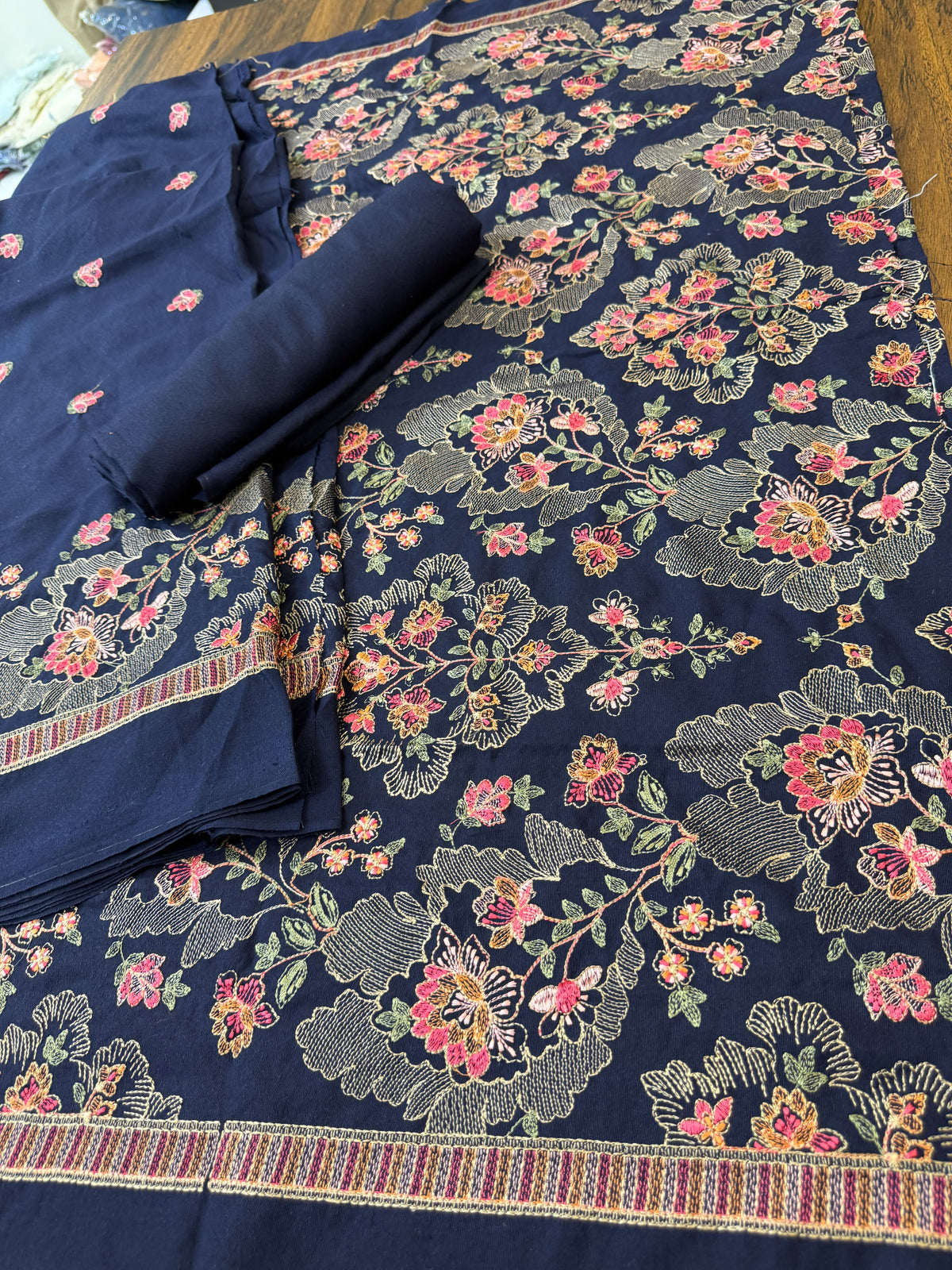 Navy blue Luxury embroided karandi 3pc with heavy embroided shawl light embroided shirt plain trouser