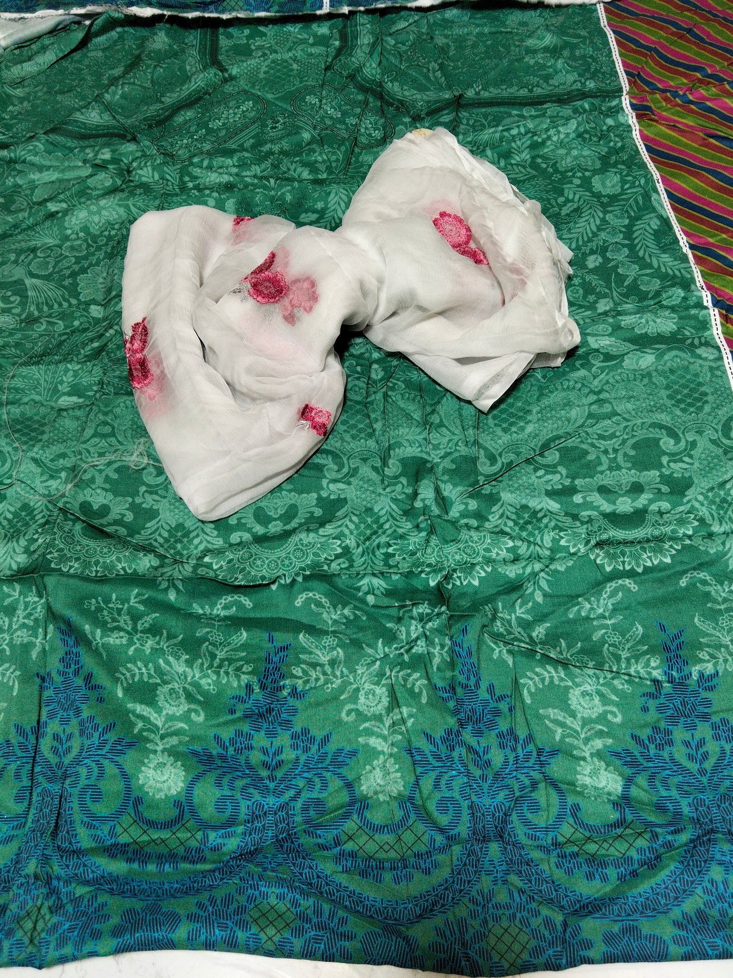Sale printed linen shirt+ breeze embroided pure chiffon dupatta
