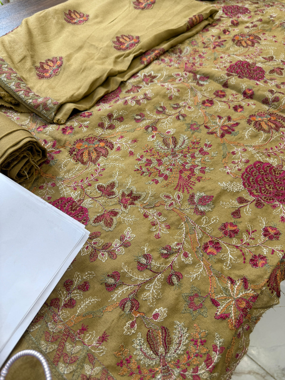 Luxury embroided karandi 3pc with heavy embroided shawl light embroided shirt plain trouser