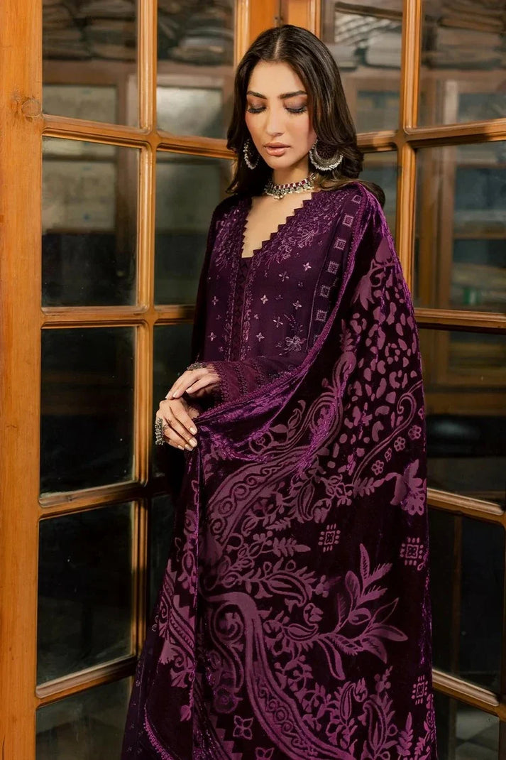Nureh 3pc  embroided peach leather shirt with velvet palachi shawl and dyed peach leather trouser