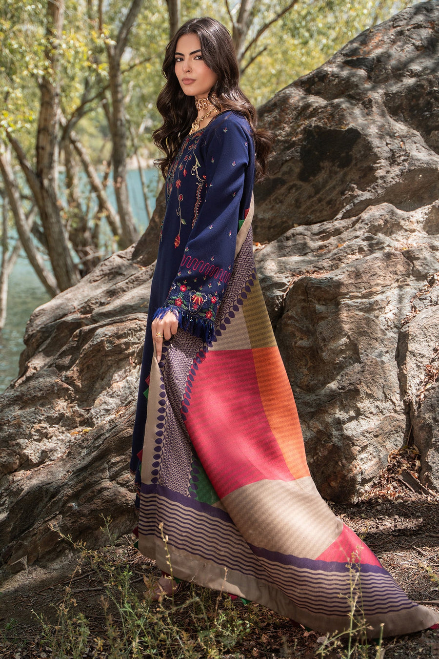 Charizma poshima unstitched 3PC embroided peach leather with printed wool shawl