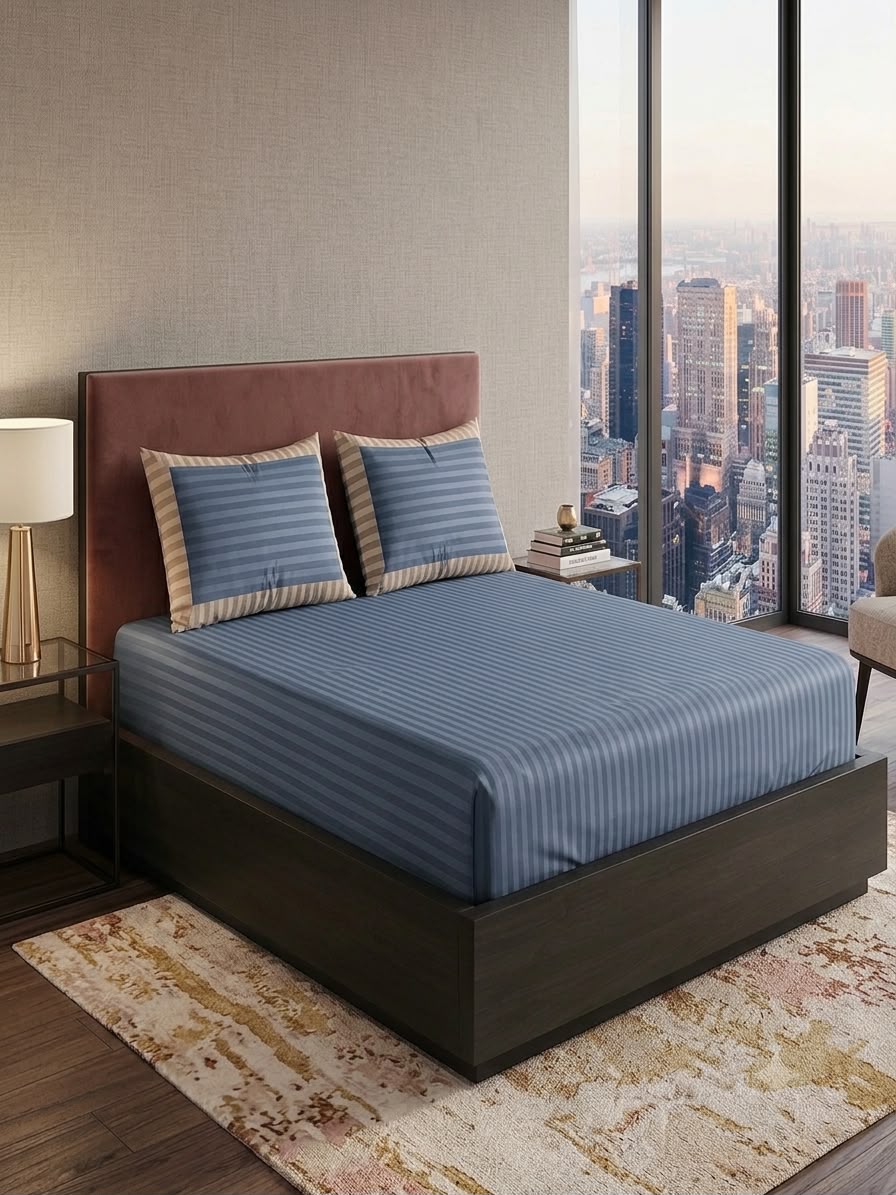 Blue Fitted bed sheet & 2 pillow covers leather embosed cotton satin stuff
king size