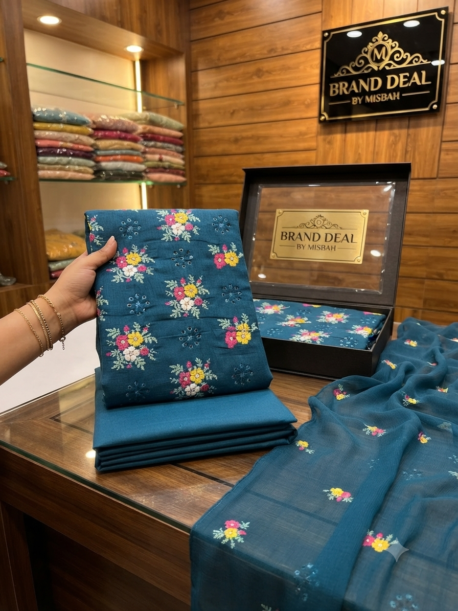 Luxury Karandi embroided 3pc with embroided chiffon duppata plain karandi trouser