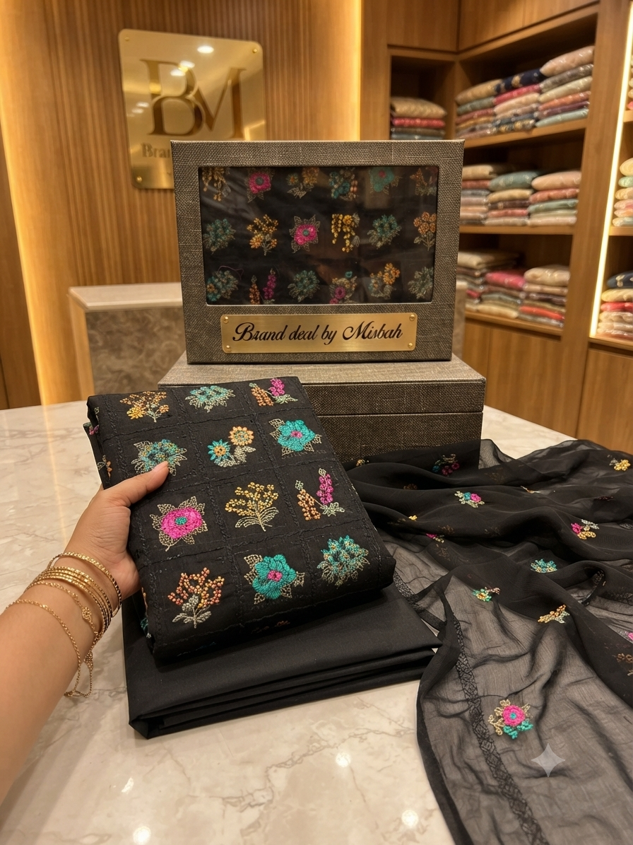Luxury Karandi embroided 3pc with embroided chiffon duppata plain karandi trouser