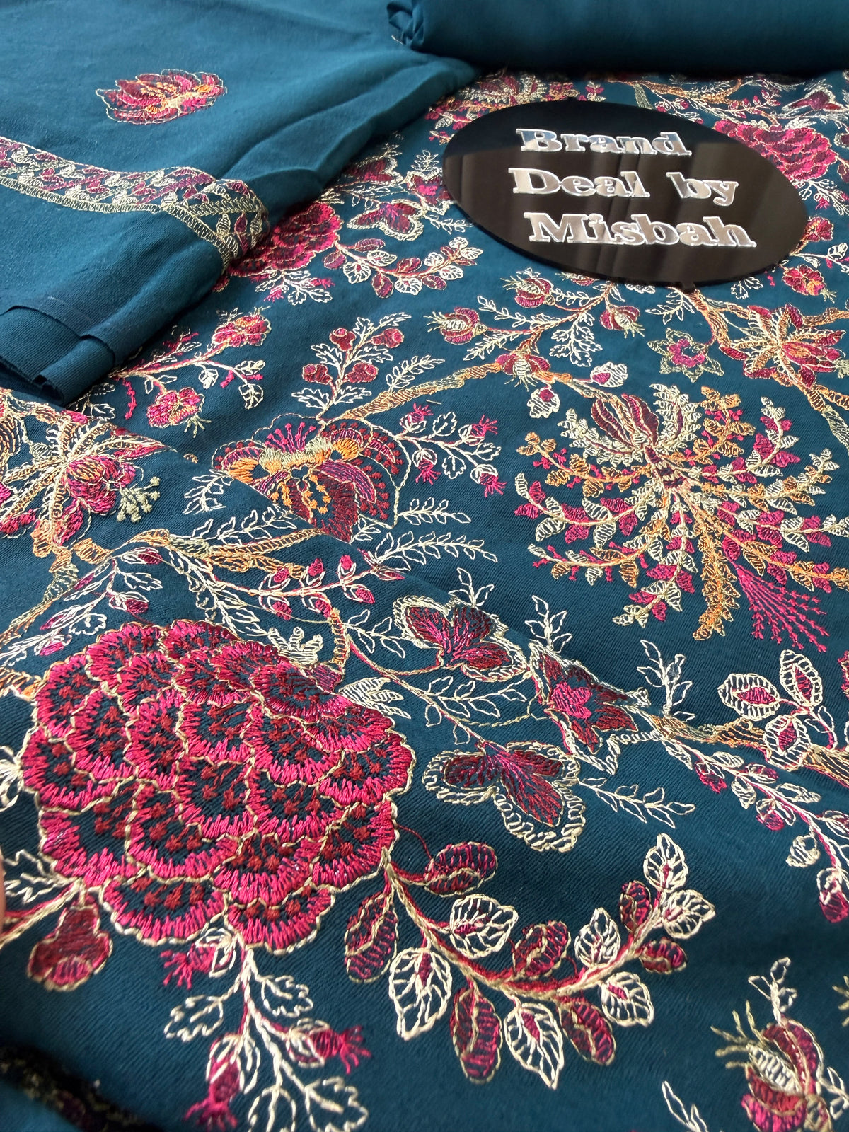 Teal blue Luxury embroided karandi 3pc with heavy embroided shawl light embroided shirt plain trouser