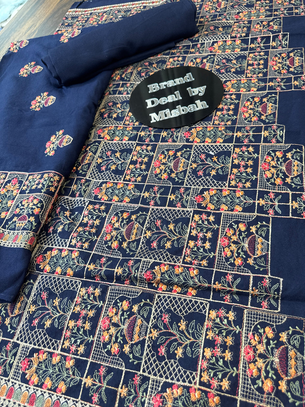 Navy blue Luxury embroided karandi 3pc with heavy embroided shawl light embroided shirt plain trouser