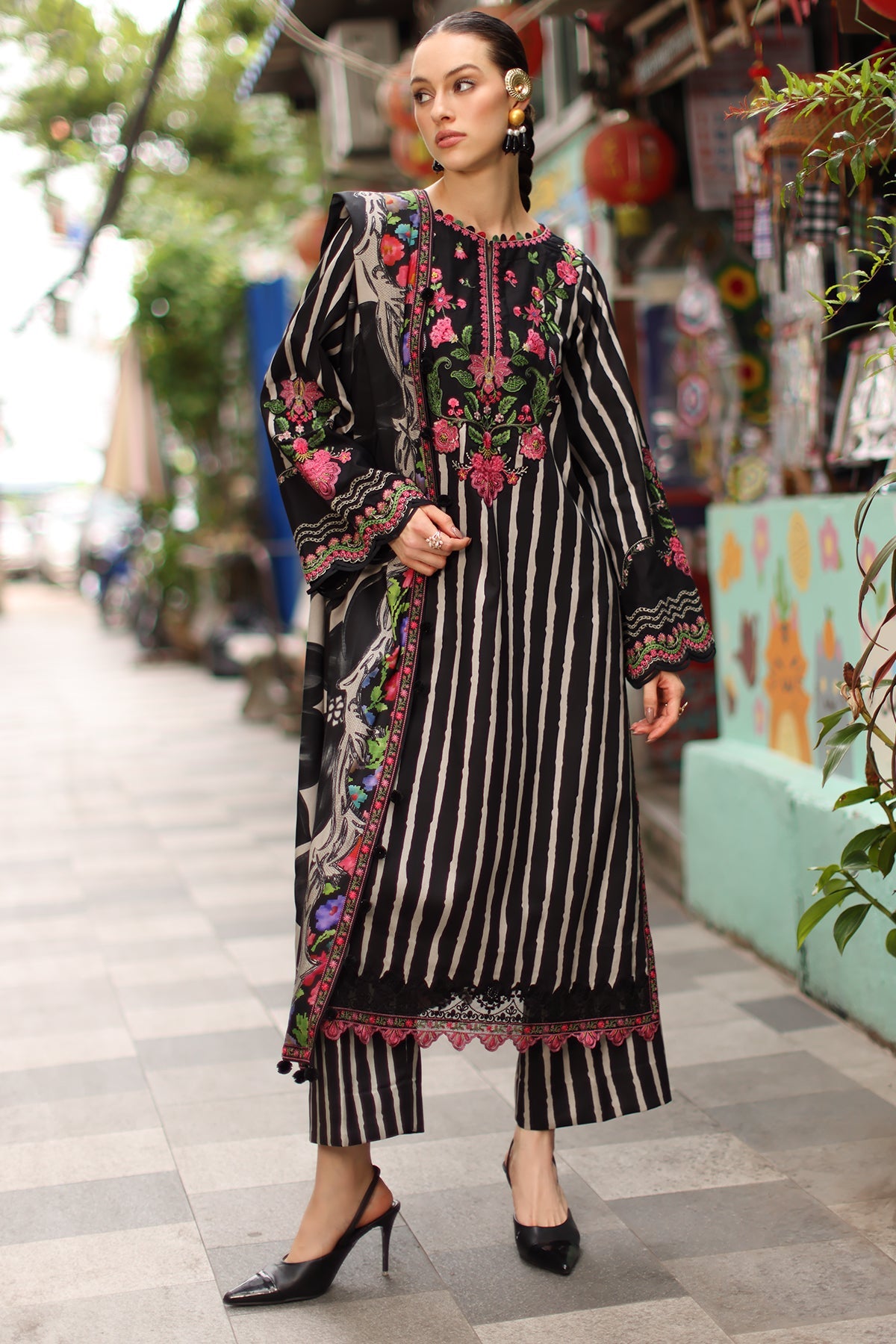 Charizma combination 3pc embroided linen with embroided Irish linen Shawl