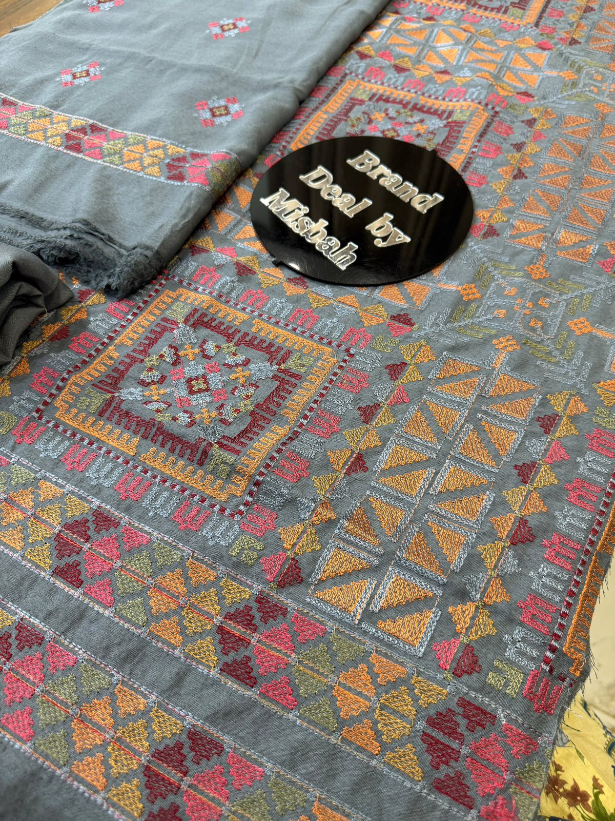 Gray Luxury embroided karandi 3pc with heavy embroided shawl light embroided shirt plain trouser