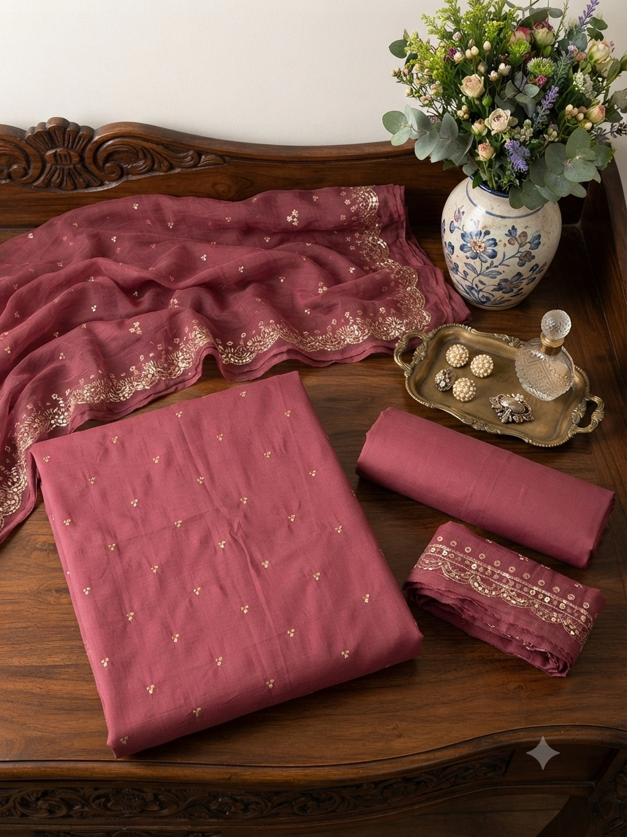 Batik embroided lawn 3pc with plain trouser and embroided chiffon dupatta with embroided patches