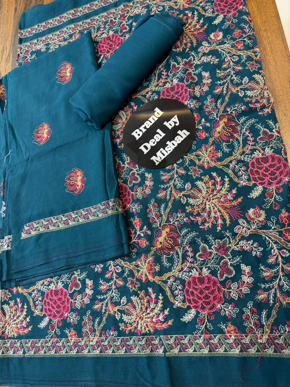 Teal blue Luxury embroided karandi 3pc with heavy embroided shawl light embroided shirt plain trouser