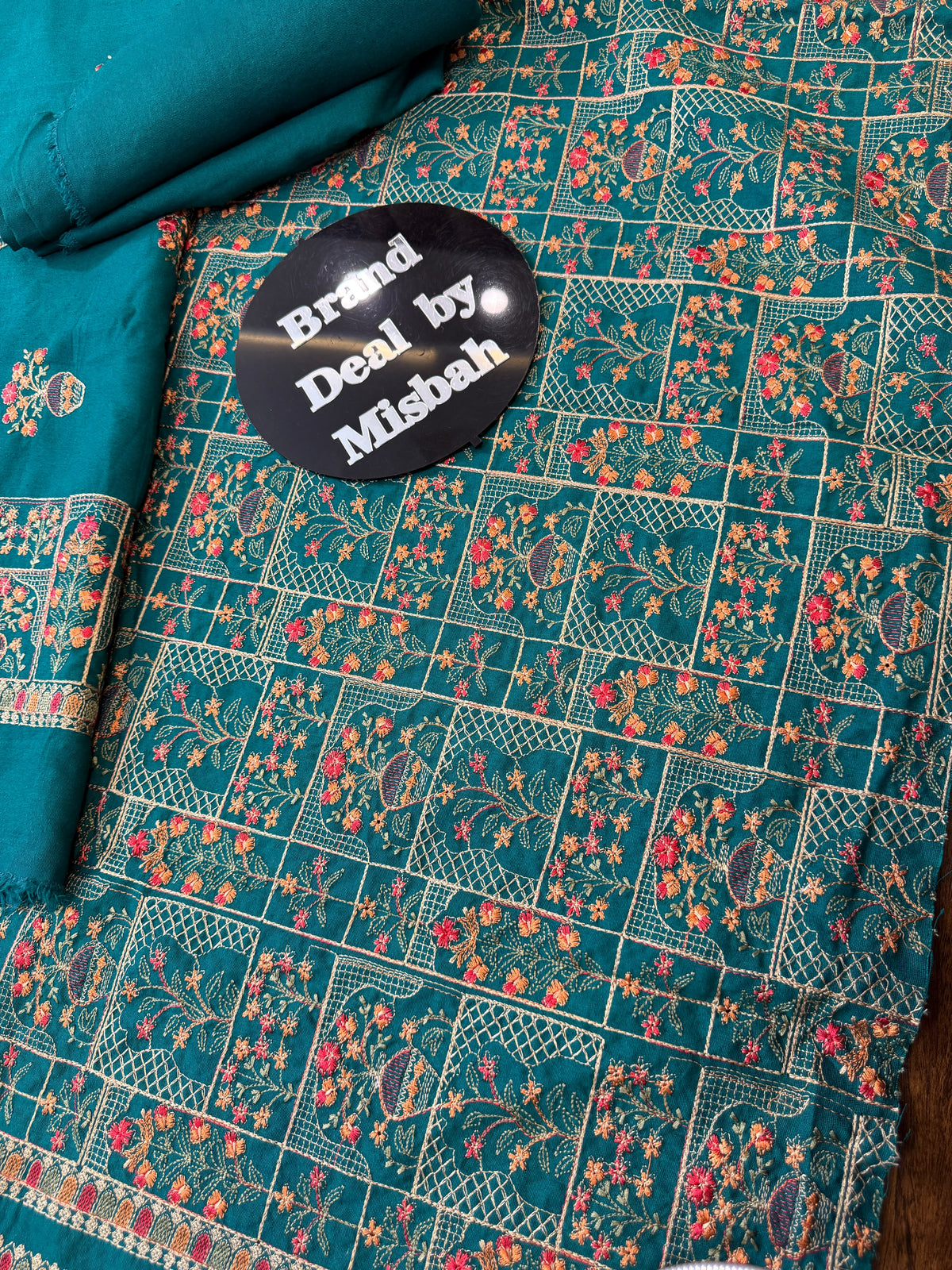 Peacock Green Luxury embroided karandi 3pc with heavy embroided shawl light embroided shirt plain trouser