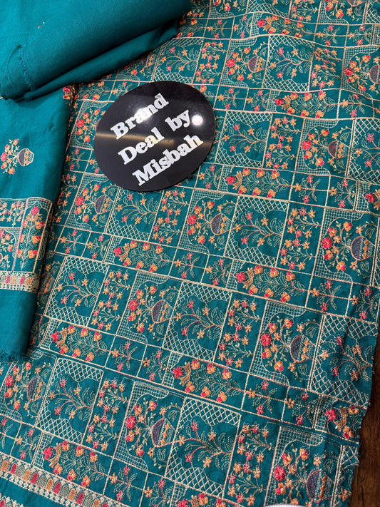 Peacock Green Luxury embroided karandi 3pc with heavy embroided shawl light embroided shirt plain trouser