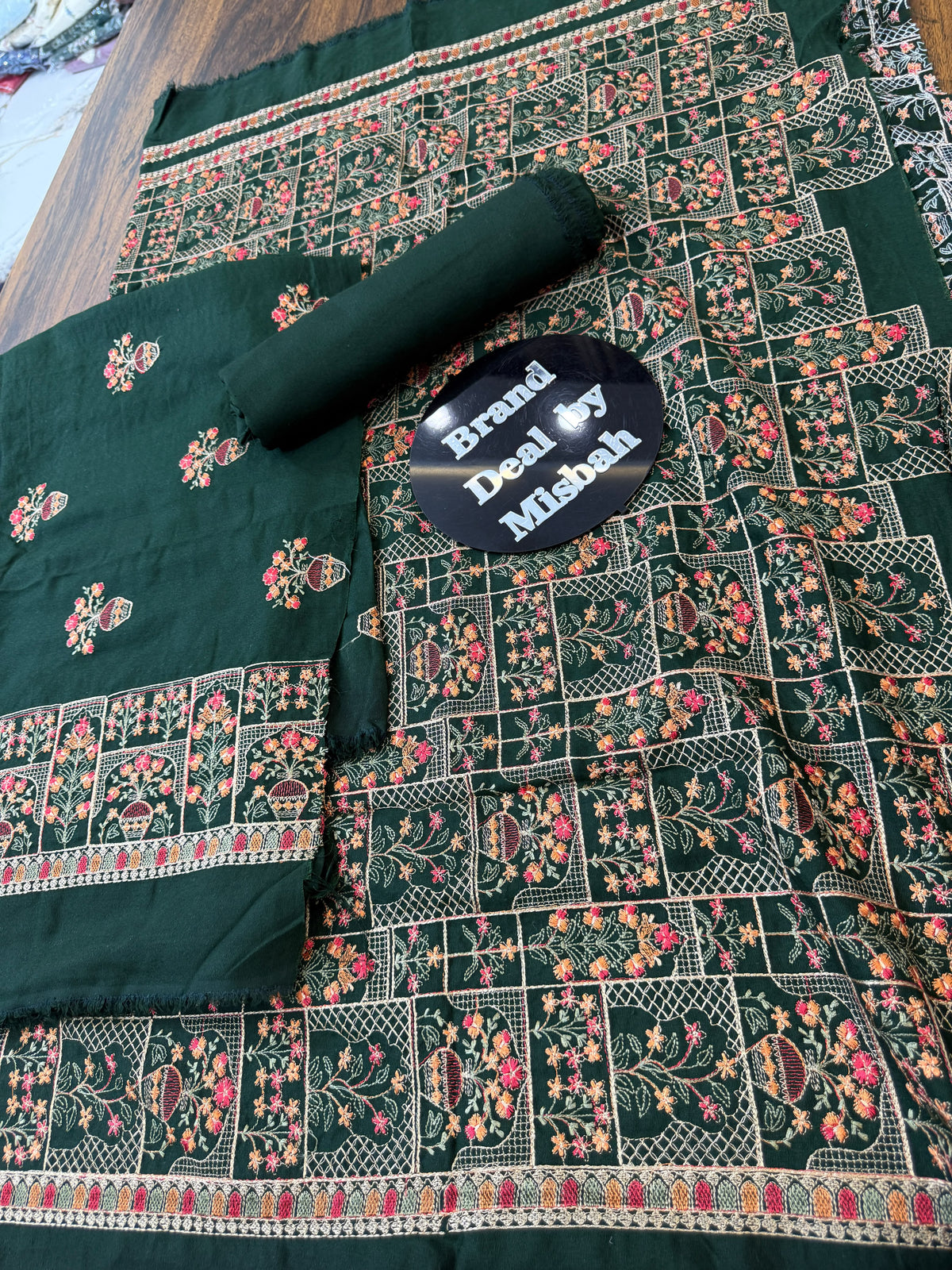 Dark green Luxury embroided karandi 3pc with heavy embroided shawl light embroided shirt plain trouser