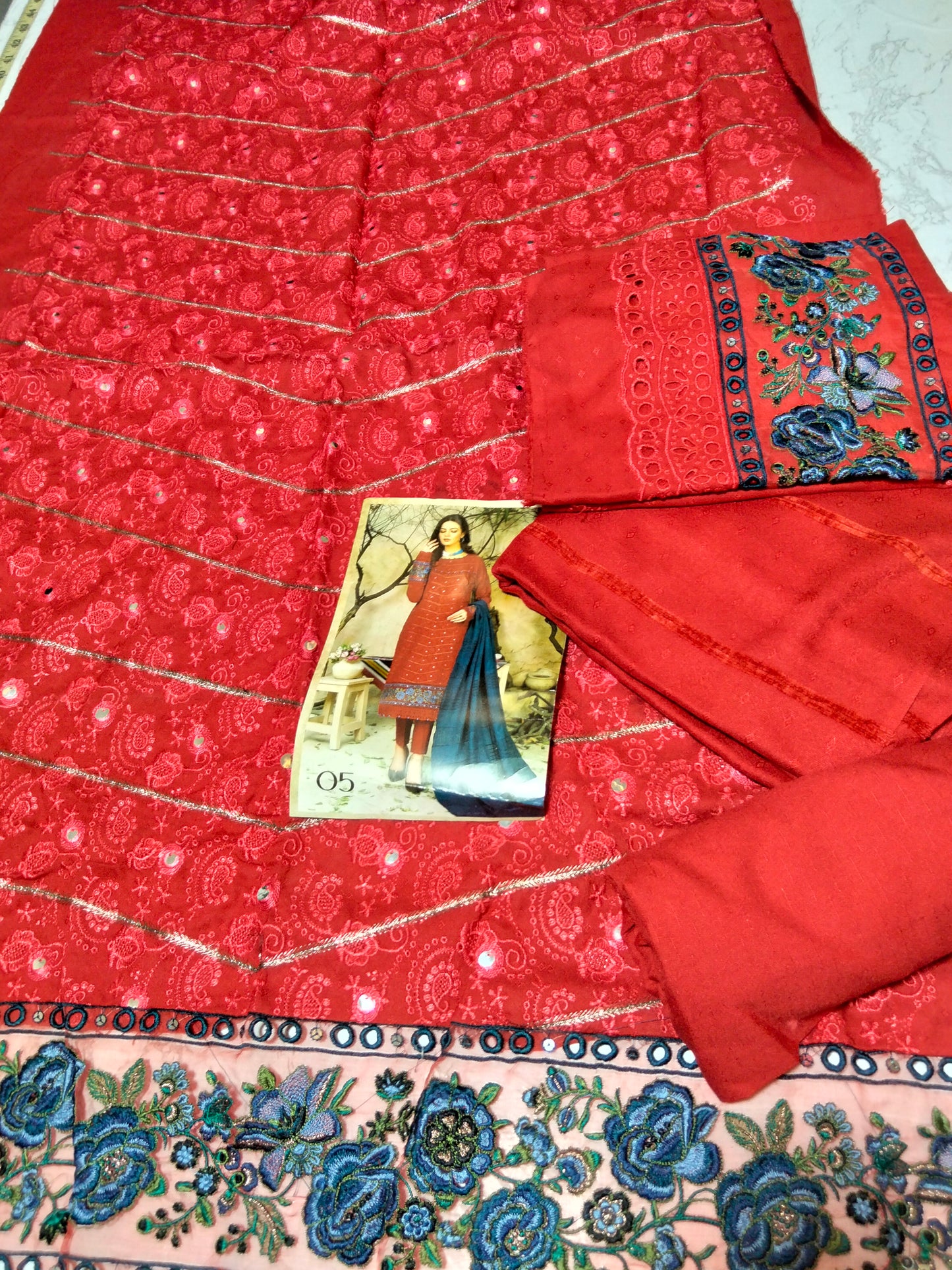 Sale embroided winter 3pc with plain trouser and embroided patches