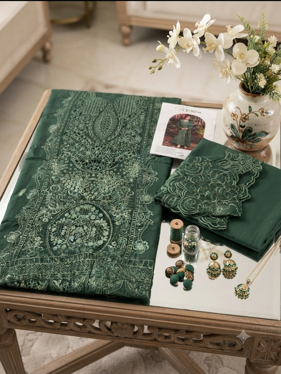 Sale embroided karandi fabric 3pc with plain trouser and embroided wool shawl with embroided patches