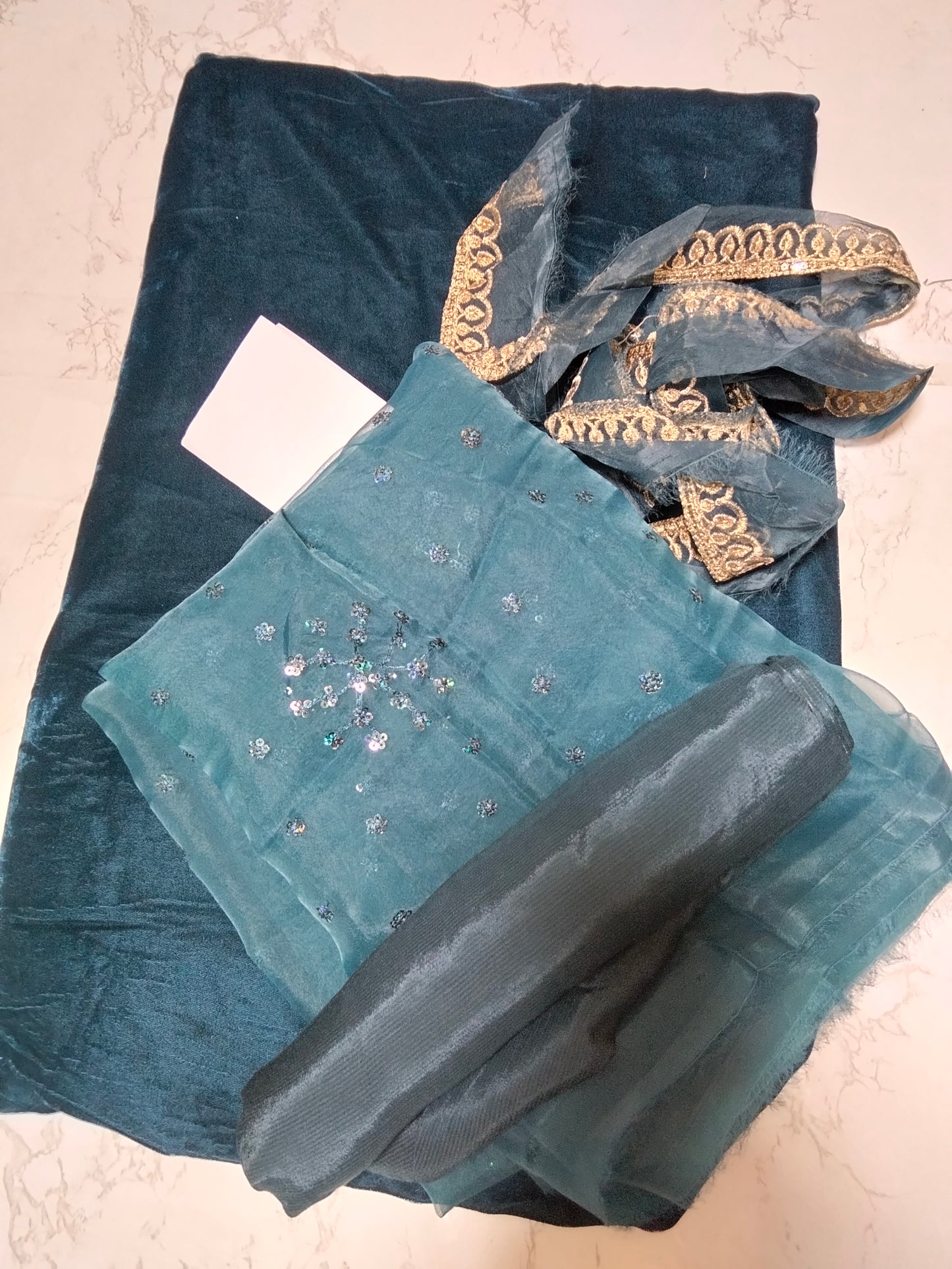 Sale Baroque velvet shirt row silk trouser with embroided patches and Embroided organza fabric dupatta (COMPLETE 3PC)