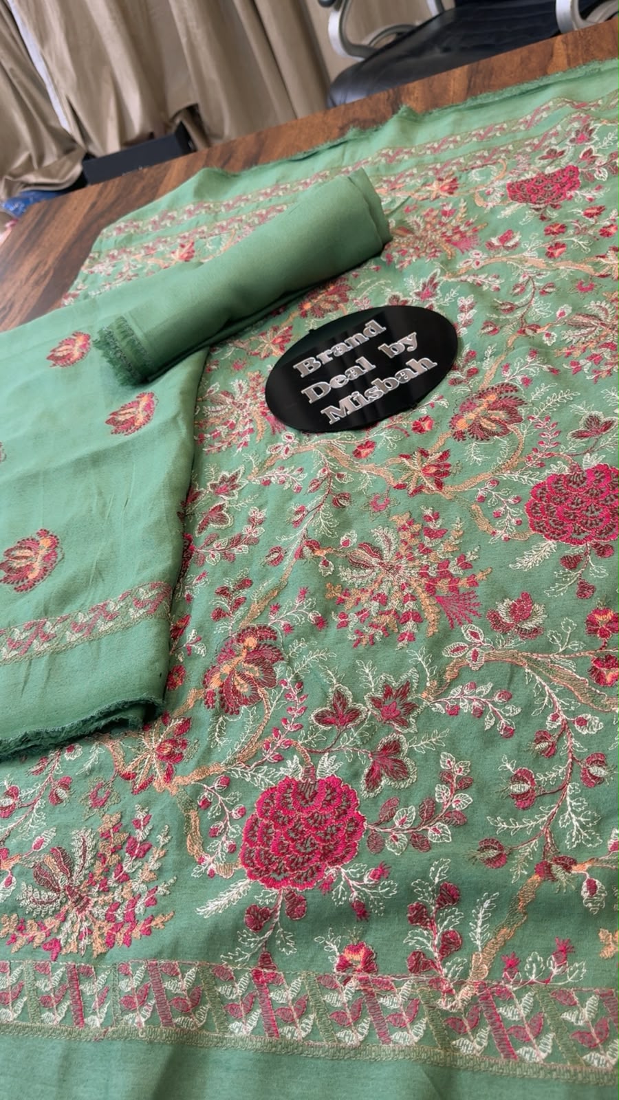 Luxury embroided karandi 3pc with heavy embroided shawl light embroided shirt plain trouser