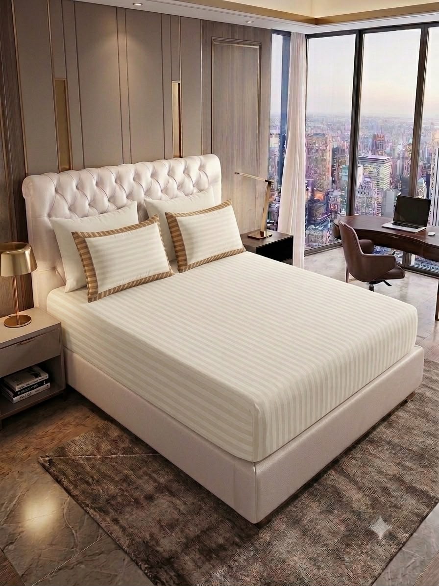 Off white Fitted bed sheet & 2 pillow covers leather embosed cotton satin stuff
king size