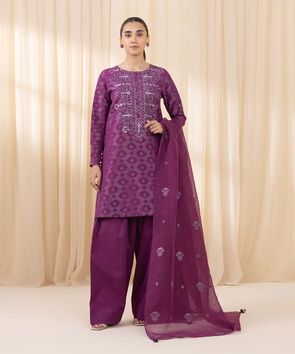 Sale sapphire embroided jacquard lawn shirt with plain trouser and embroided Khadi net dupatta complete 3pc (unstitched)