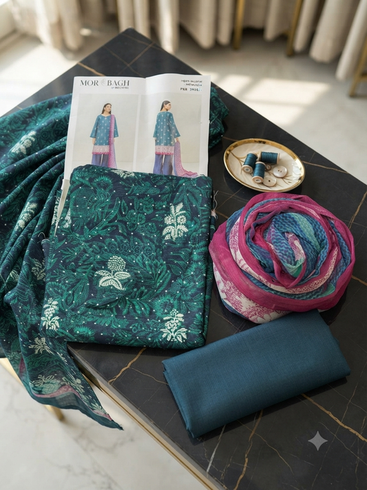 Sale mor bagh printed khadar 3pc with plain trouser and printed chiffon dupatta