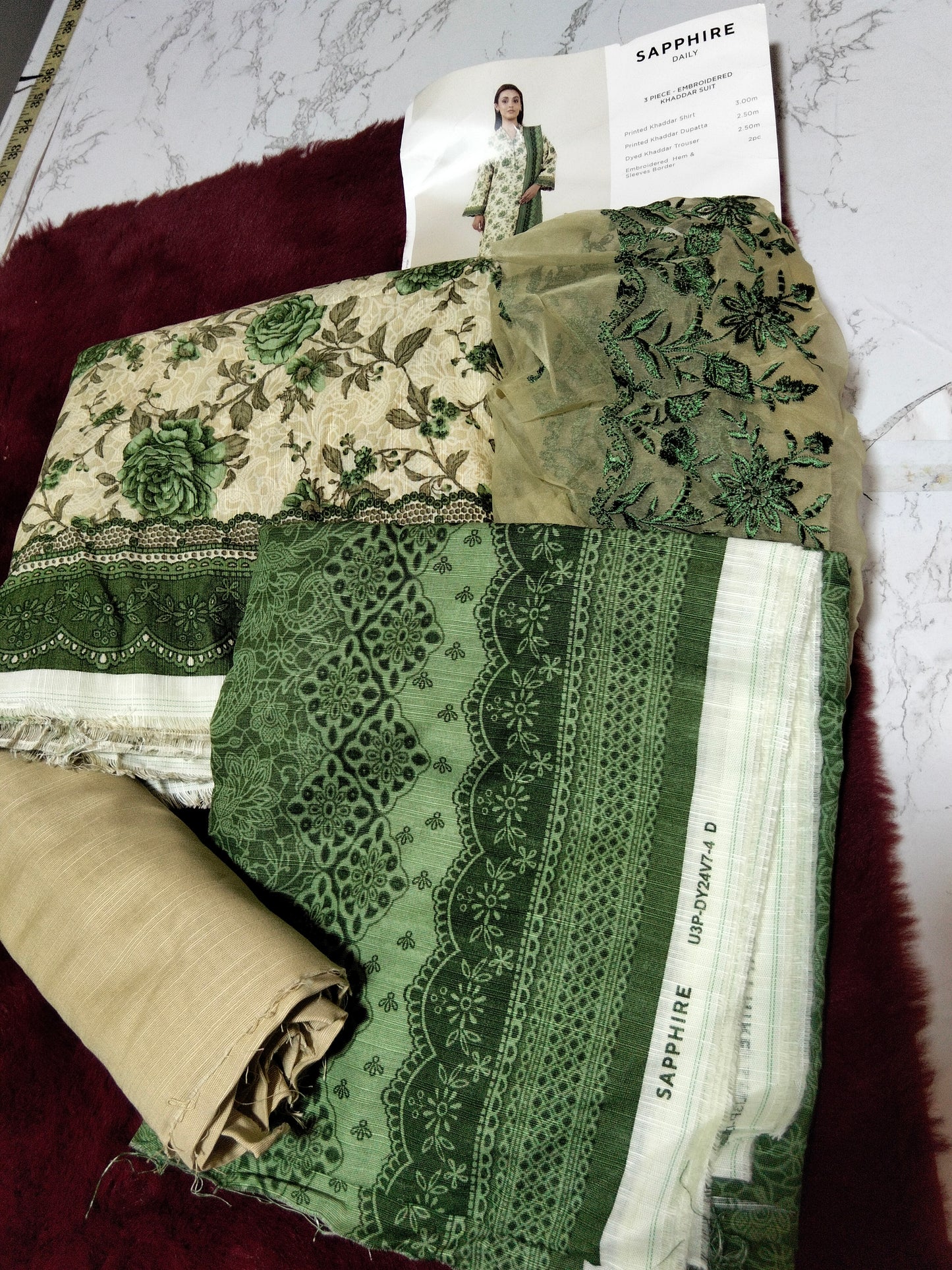 Sale printed khadar 3pc with plain trouser and embroided patches
