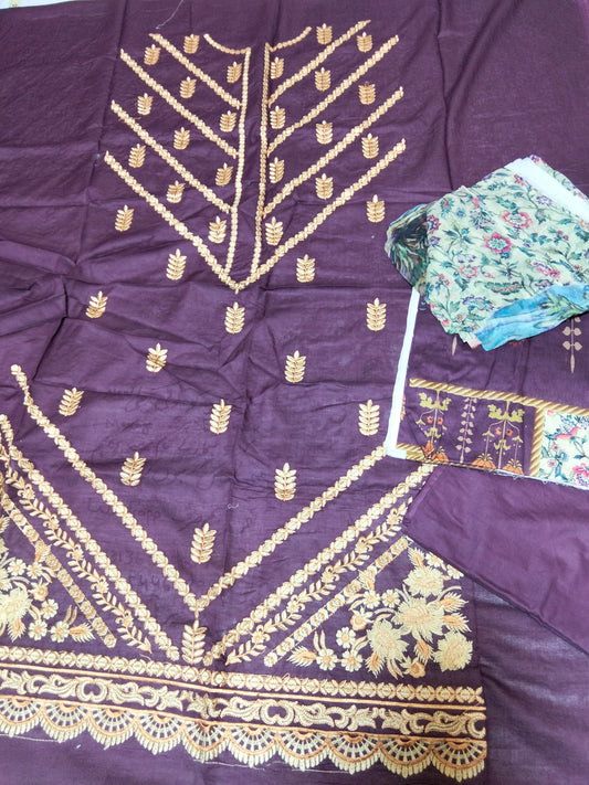 Sale Embroided lawn 3pc with plain trouser and printed chiffon dupatta