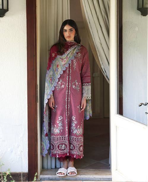 Republic women wear printed lawn shirt with embroided patches silk dupatta and Plain cambric trouser