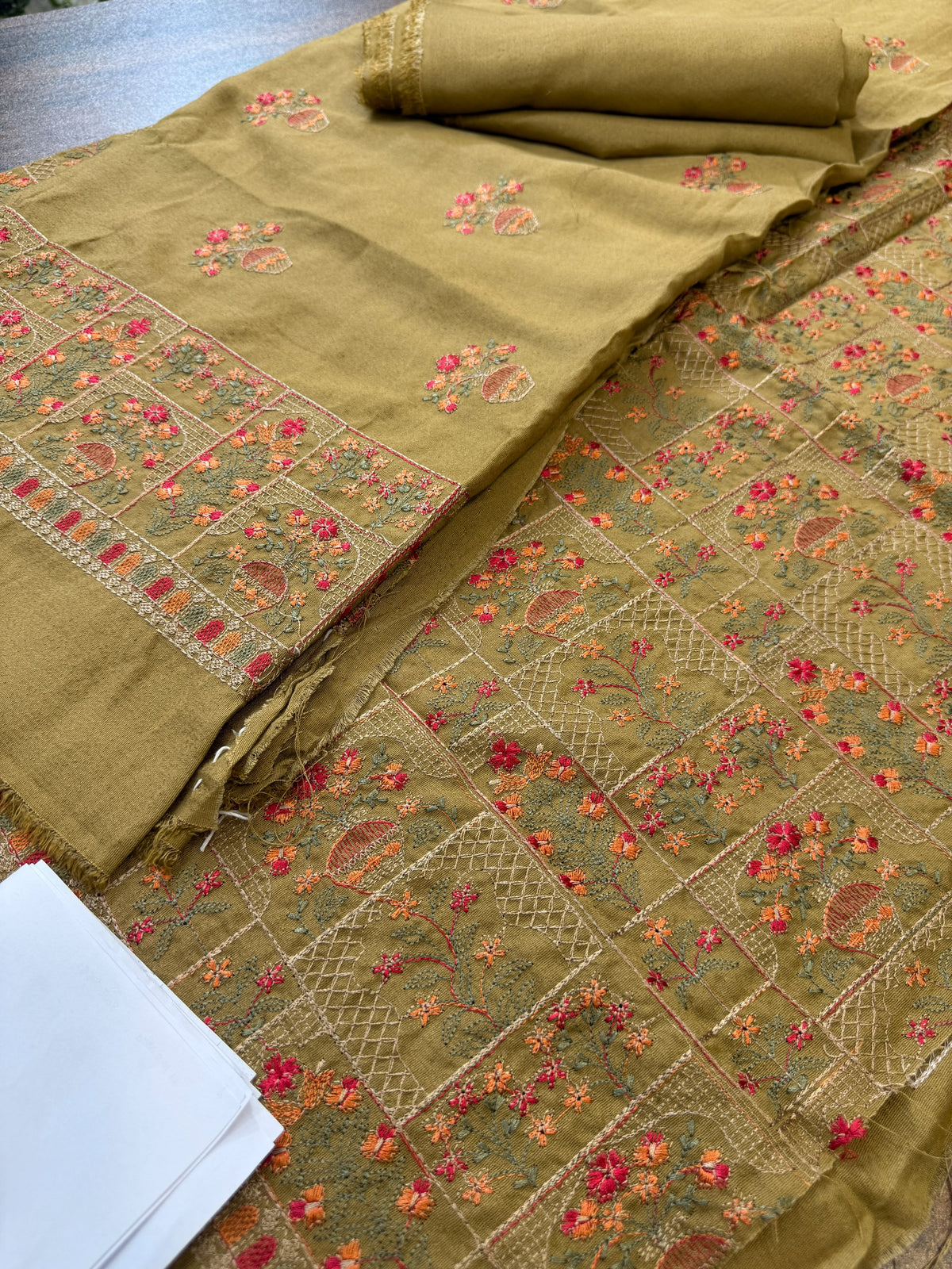 Luxury embroided karandi 3pc with heavy embroided shawl light embroided shirt plain trouser