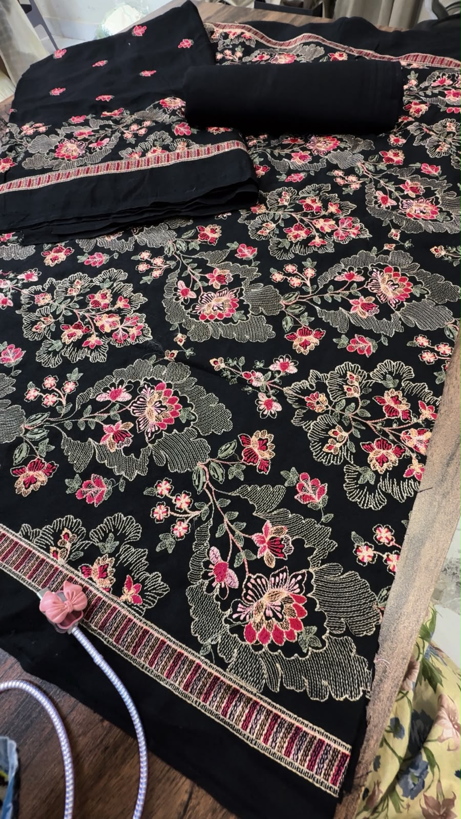 Luxury embroided karandi 3pc with heavy embroided shawl light embroided shirt plain trouser