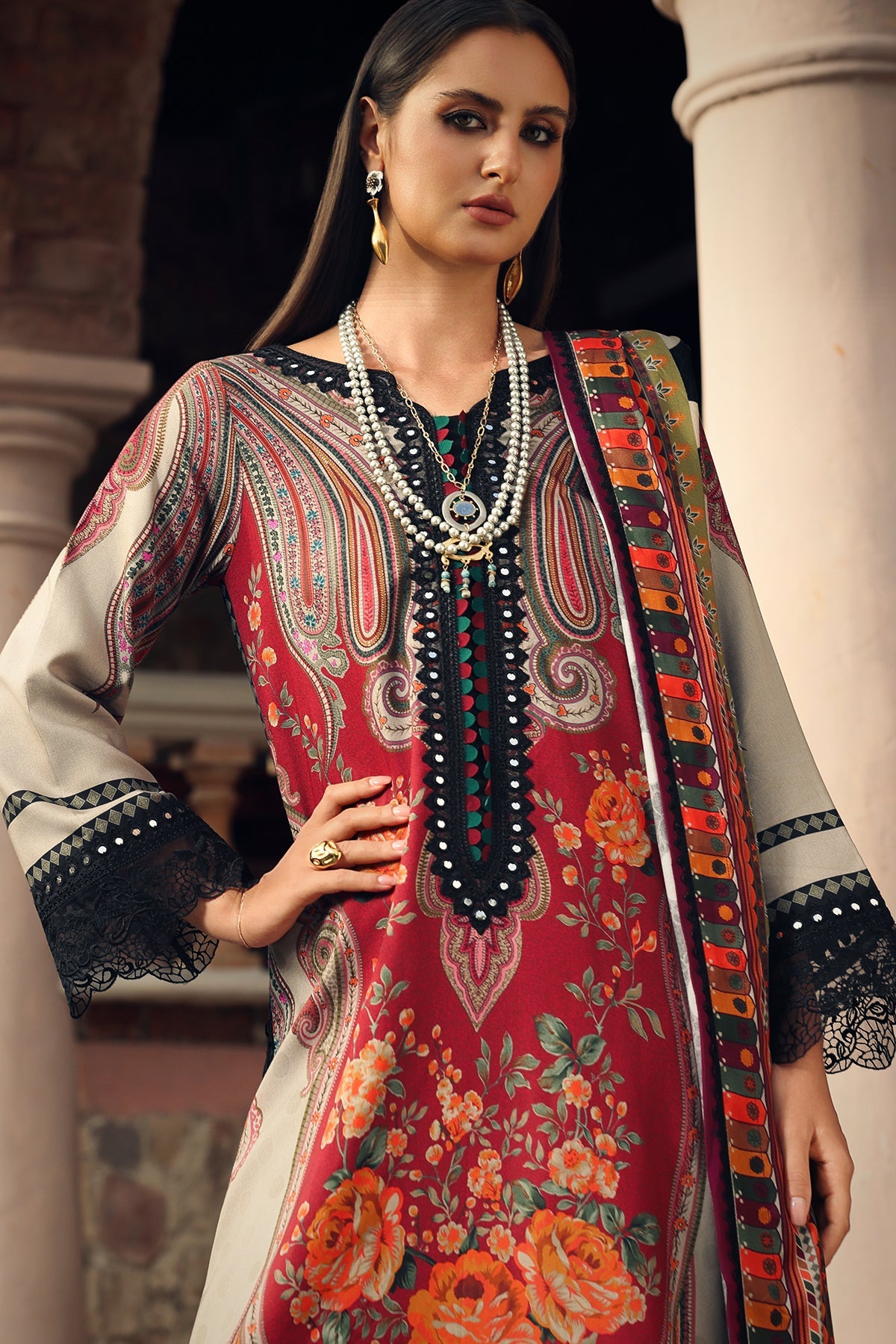 Charizma combination 3pc embroided linen with embroided Irish linen Shawl
