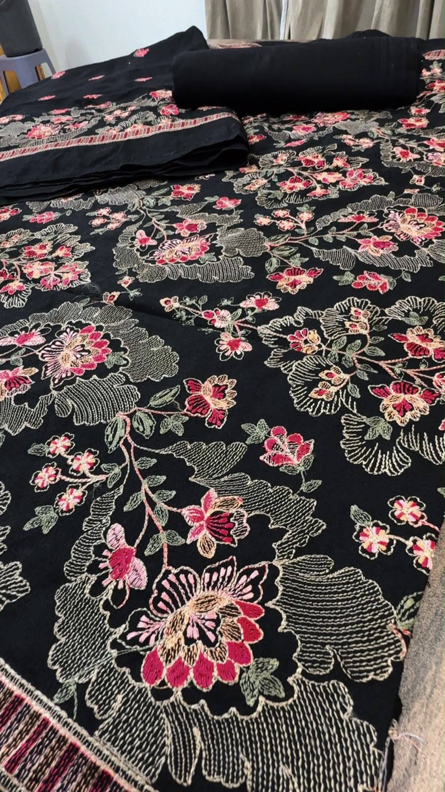 Luxury embroided karandi 3pc with heavy embroided shawl light embroided shirt plain trouser