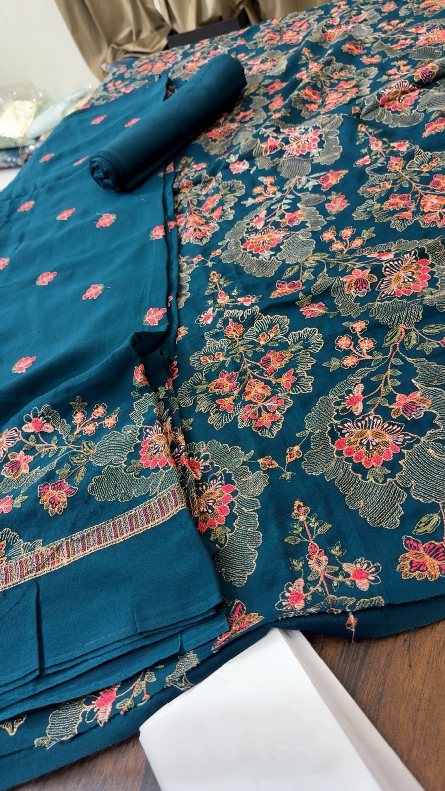 Luxury embroided karandi 3pc with heavy embroided shawl light embroided shirt plain trouser