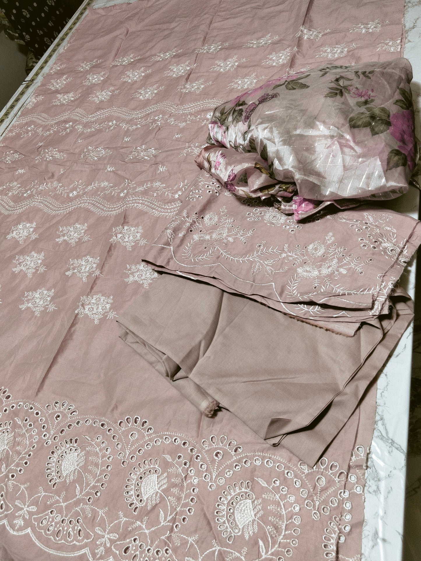Sale lawn embroided shirt+dyed trouser+printed silk duppta (Complete 3pc)