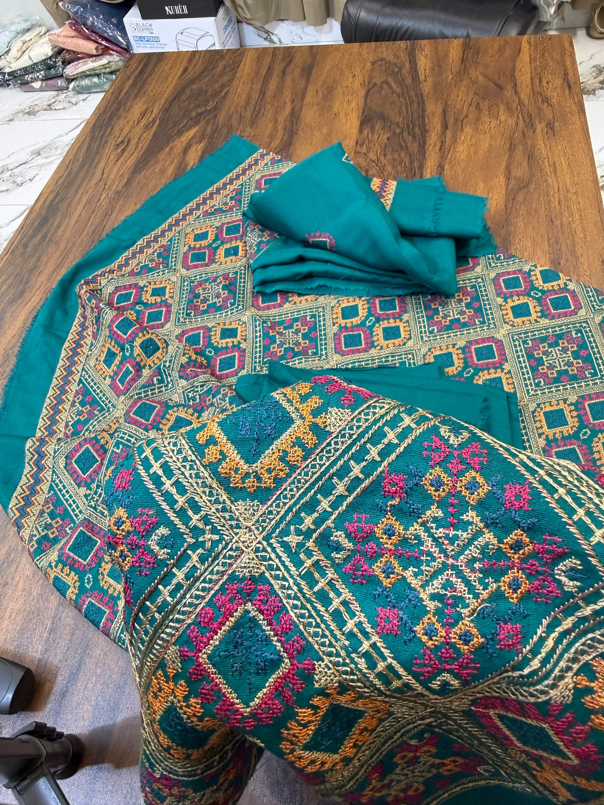 Luxury embroided karandi 3pc with heavy embroided shawl light embroided shirt plain trouser