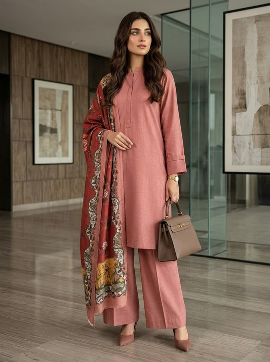 Hussain rehar 3pc plain khadar shirt and trouser with printed wool shawl