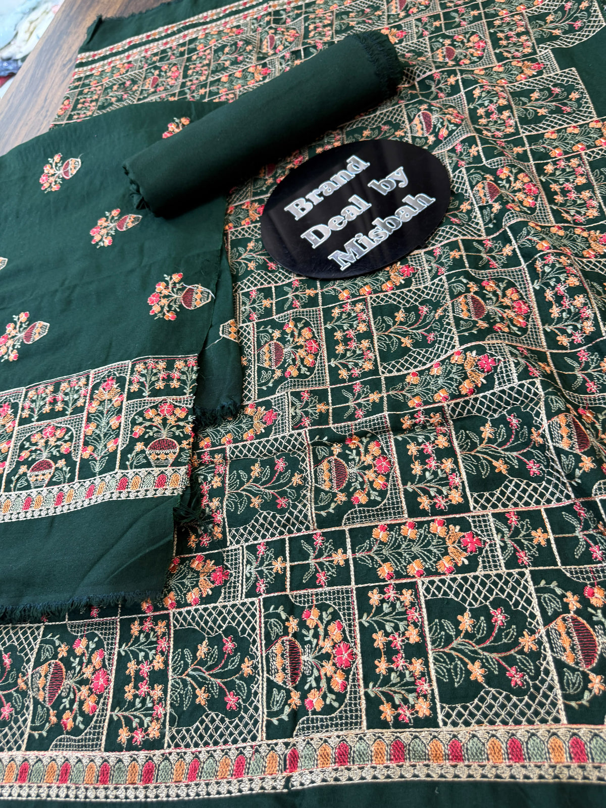 Dark green Luxury embroided karandi 3pc with heavy embroided shawl light embroided shirt plain trouser