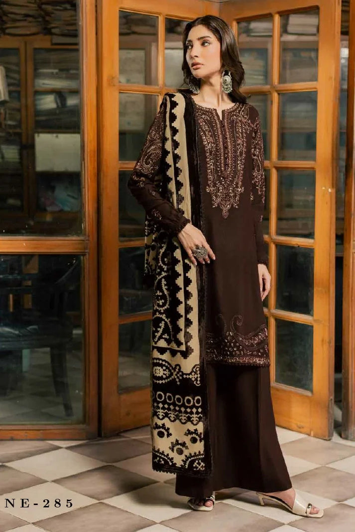 Nureh 3pc  embroided peach leather shirt with velvet palachi shawl and dyed peach leather trouser