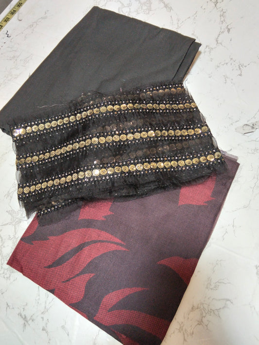 Sale Baroque plain khadar shirt and trouser with embroided patche and printed shawl (complete 3pc) winter