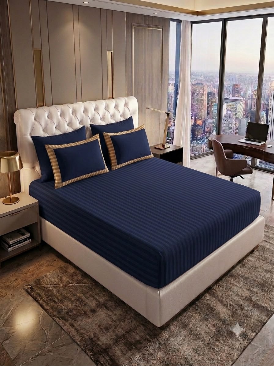 Navy blue Fitted bed sheet & 2 pillow covers leather embosed cotton satin stuff
king size