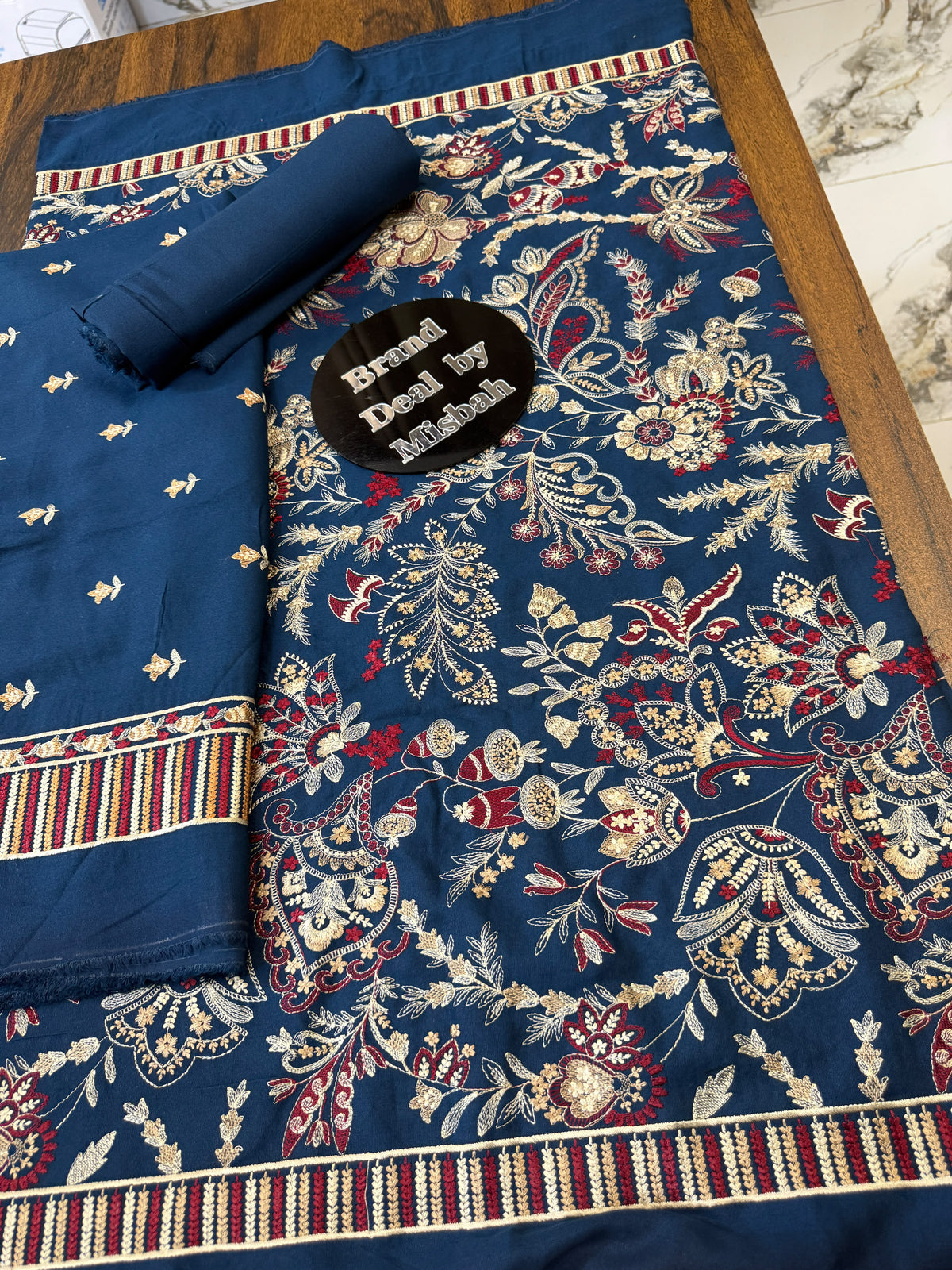 Teal blue Luxury embroided karandi 3pc with heavy embroided shawl light embroided shirt plain trouser