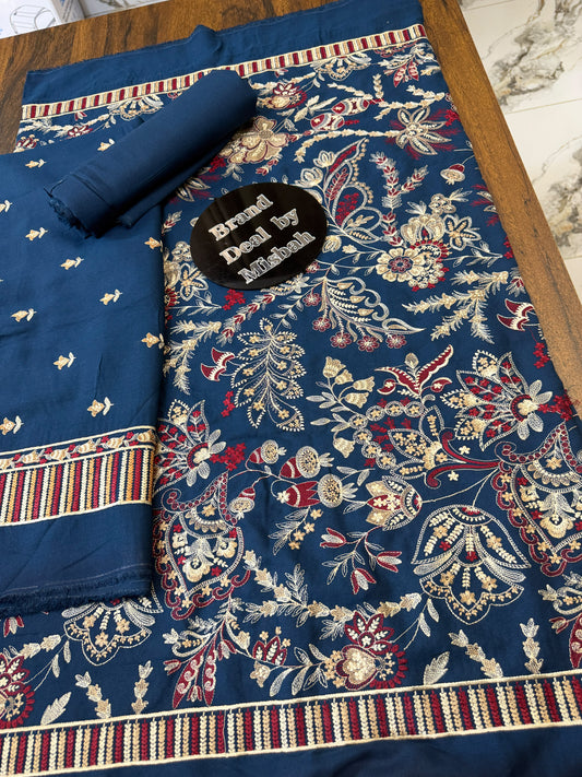 Teal blue Luxury embroided karandi 3pc with heavy embroided shawl light embroided shirt plain trouser