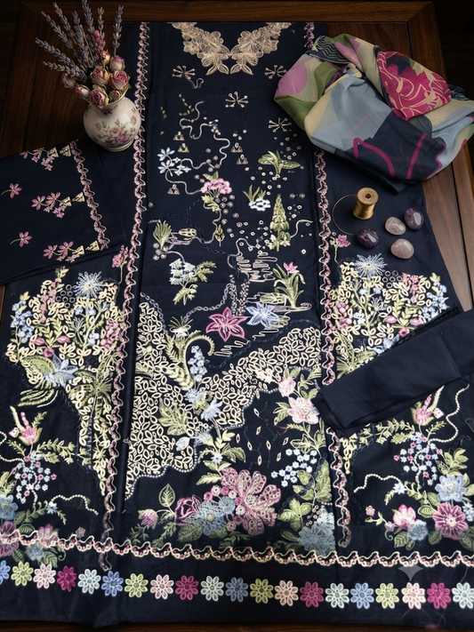 Nureh Riaz arts luxury embroidered lawn 3pc navy blue with chiffon duppata