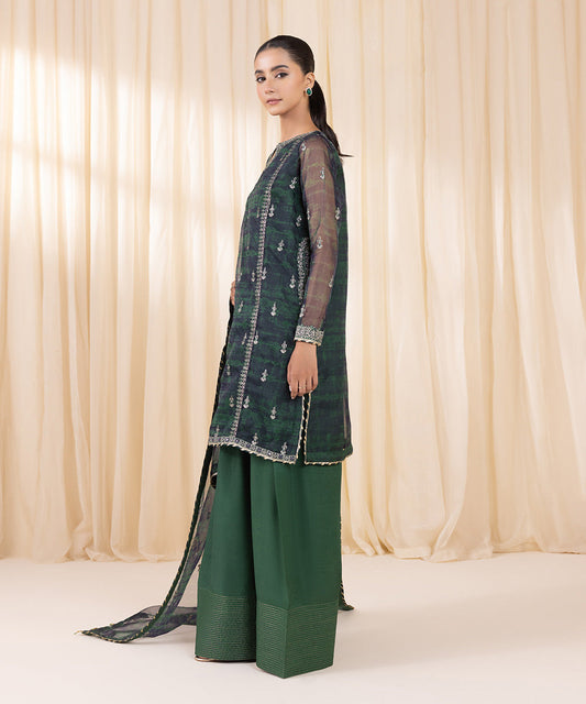 Sale sapphire embroided organza fabric shirt and plain Raw silk trouser with embroided organza fabric dupatta