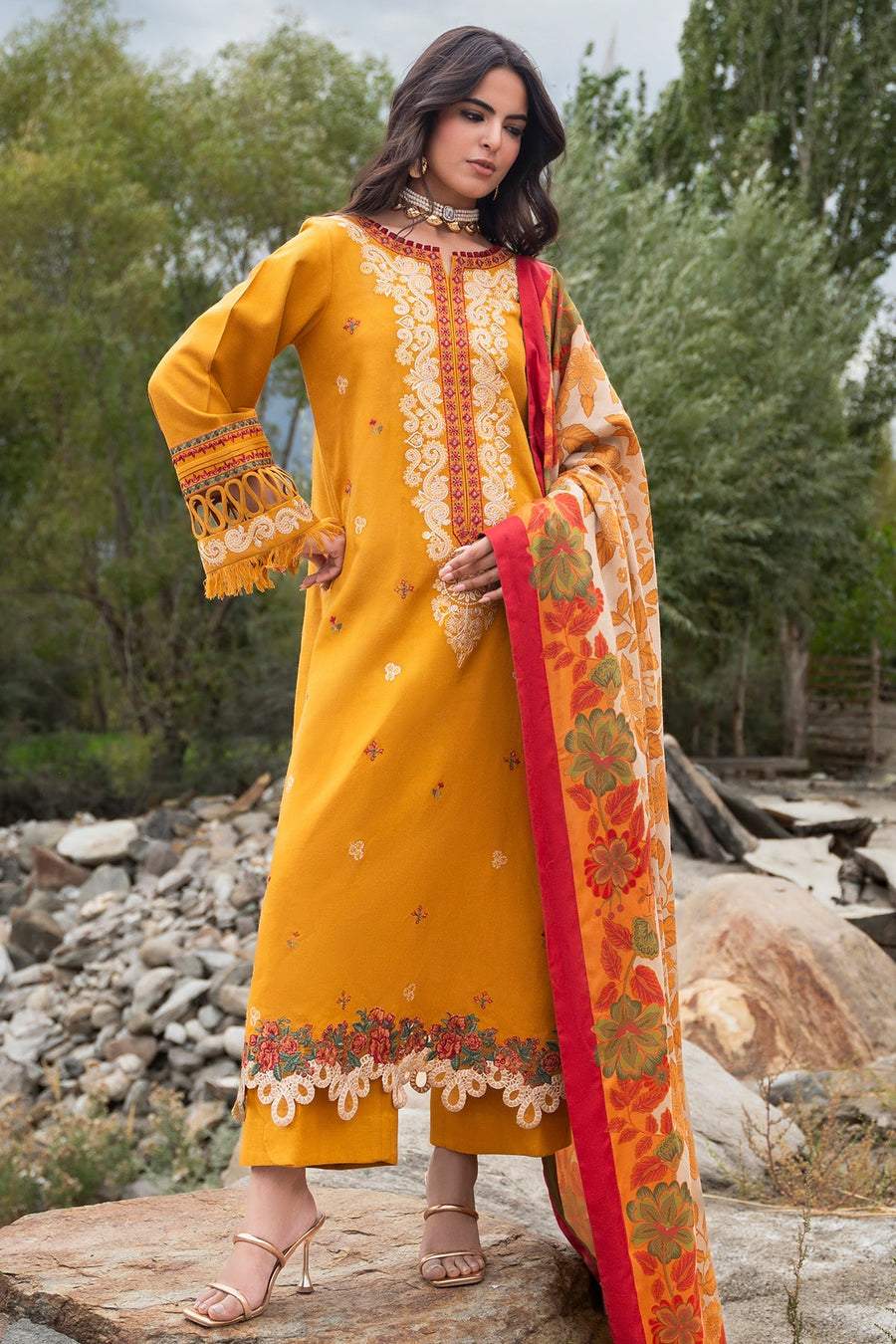 Charizma poshima unstitched 3PC embroided peach leather with printed wool shawl
