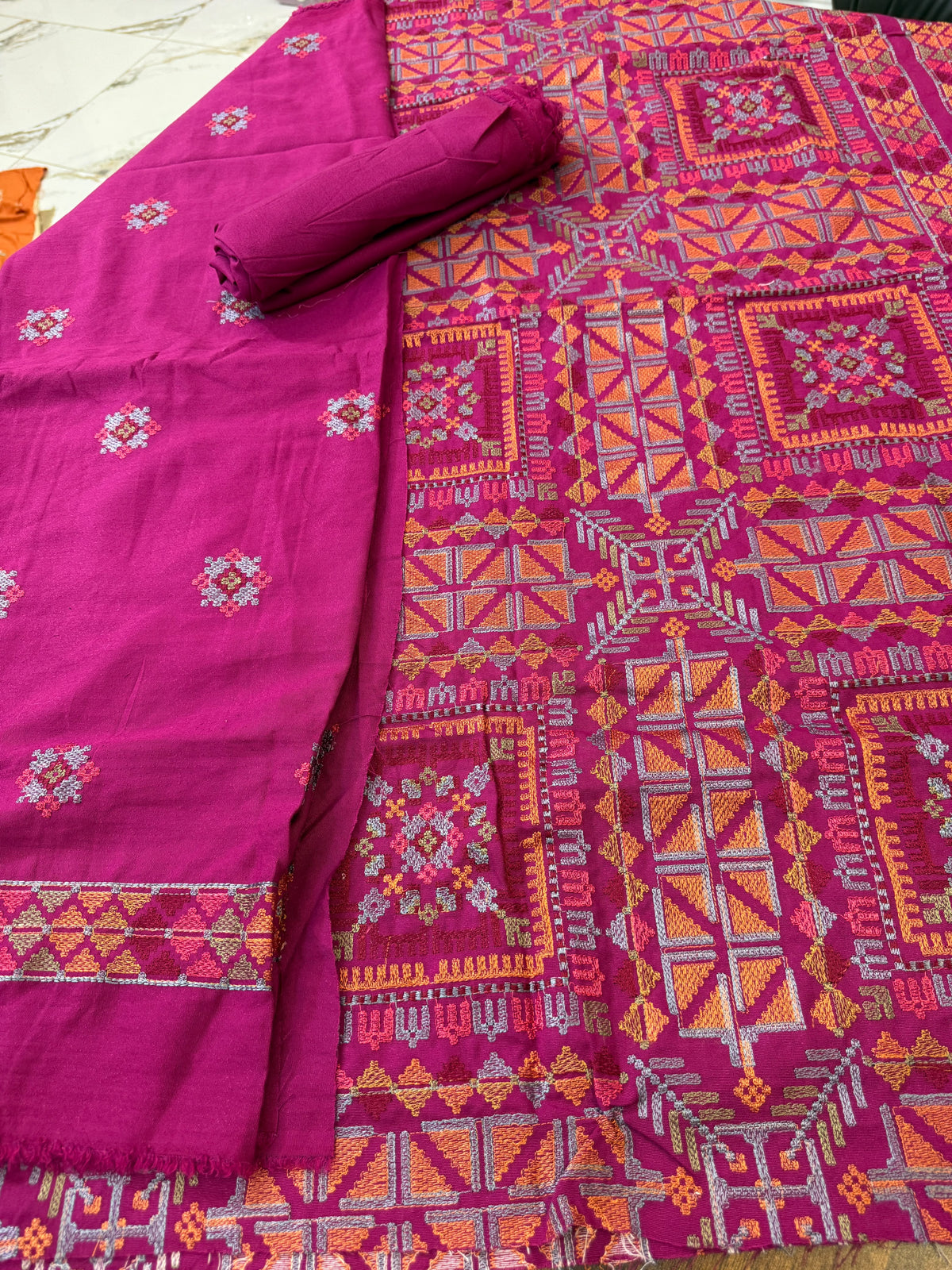 Luxury embroided karandi 3pc with heavy embroided shawl light embroided shirt plain trouser