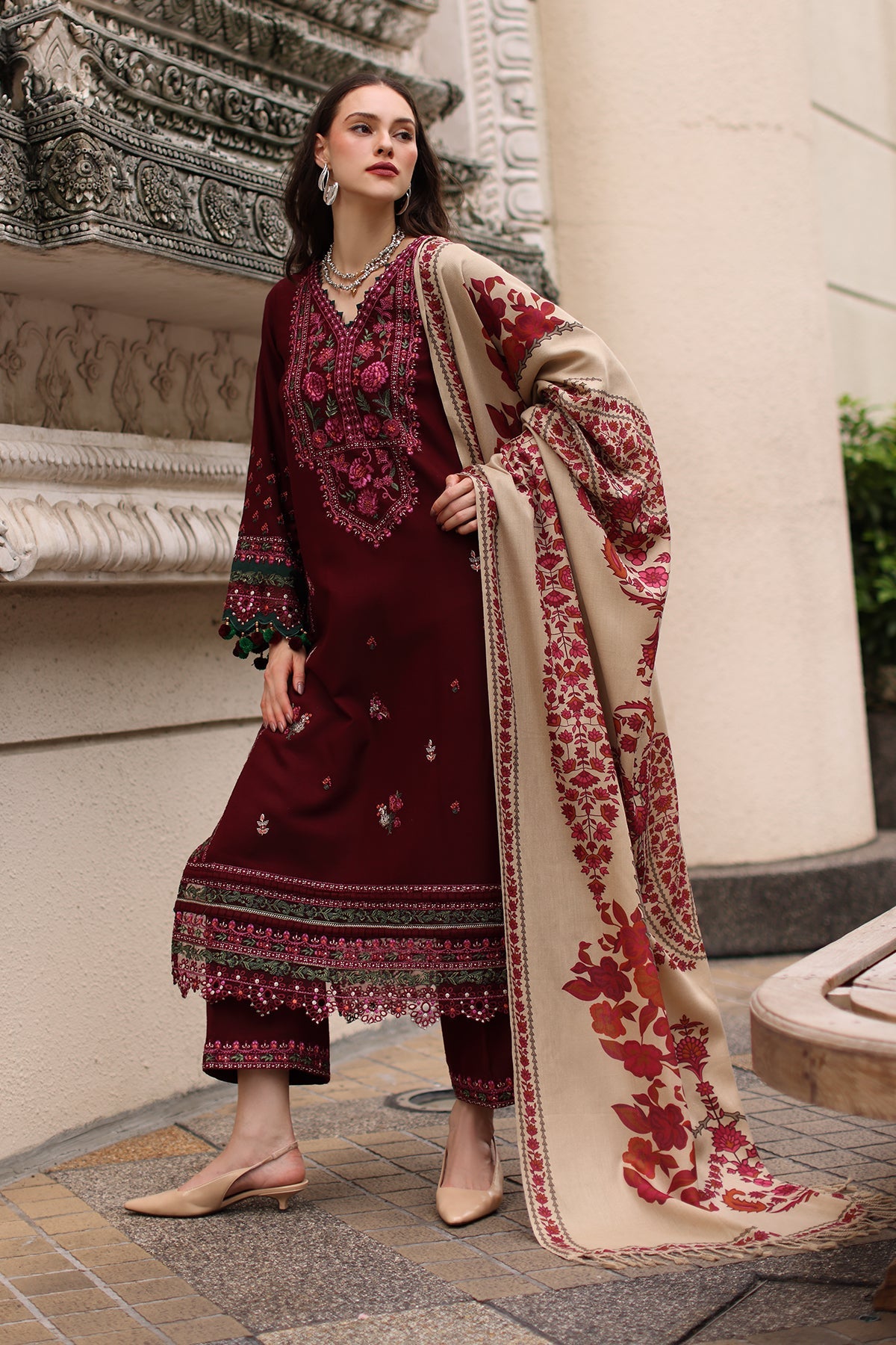 Charizma (poshima) unstitched 3Pc embroidered peach leather with printed pashmina shawl