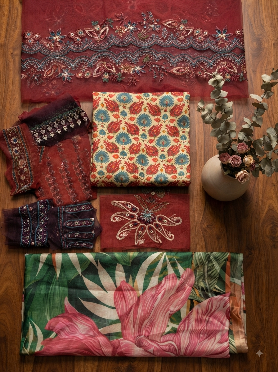 Sale printed linen 3pc with embroided patches with printed silk dupatta