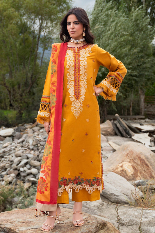 Charizma poshima unstitched 3PC embroided peach leather with printed wool shawl
