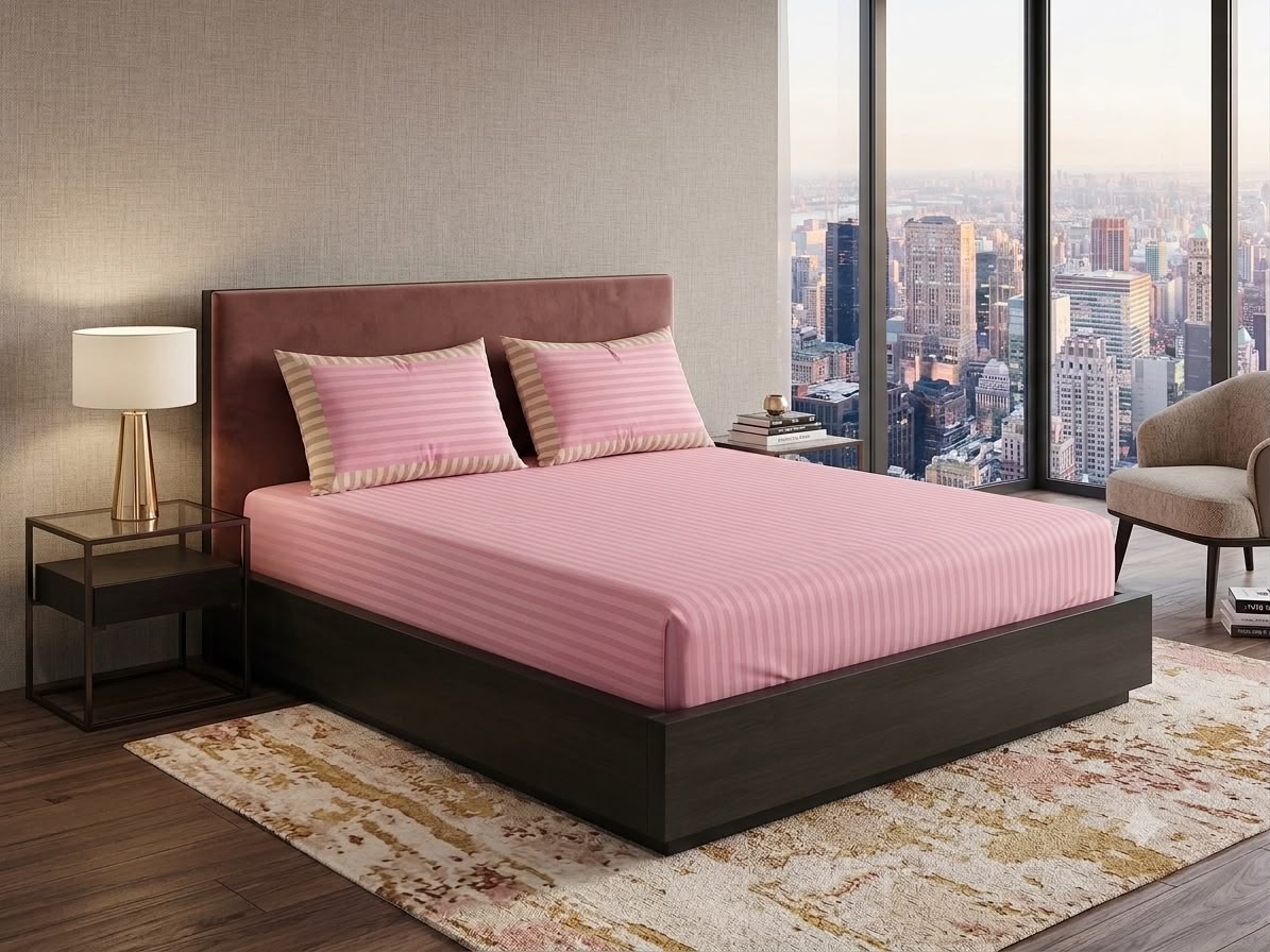 Baby pink Fitted bed sheet  & 2 pillow covers leather embosed cotton satin stuff
king size
