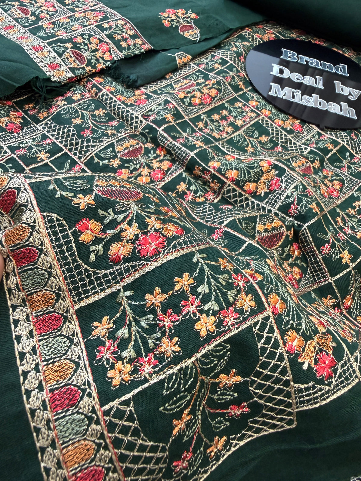 Dark green Luxury embroided karandi 3pc with heavy embroided shawl light embroided shirt plain trouser